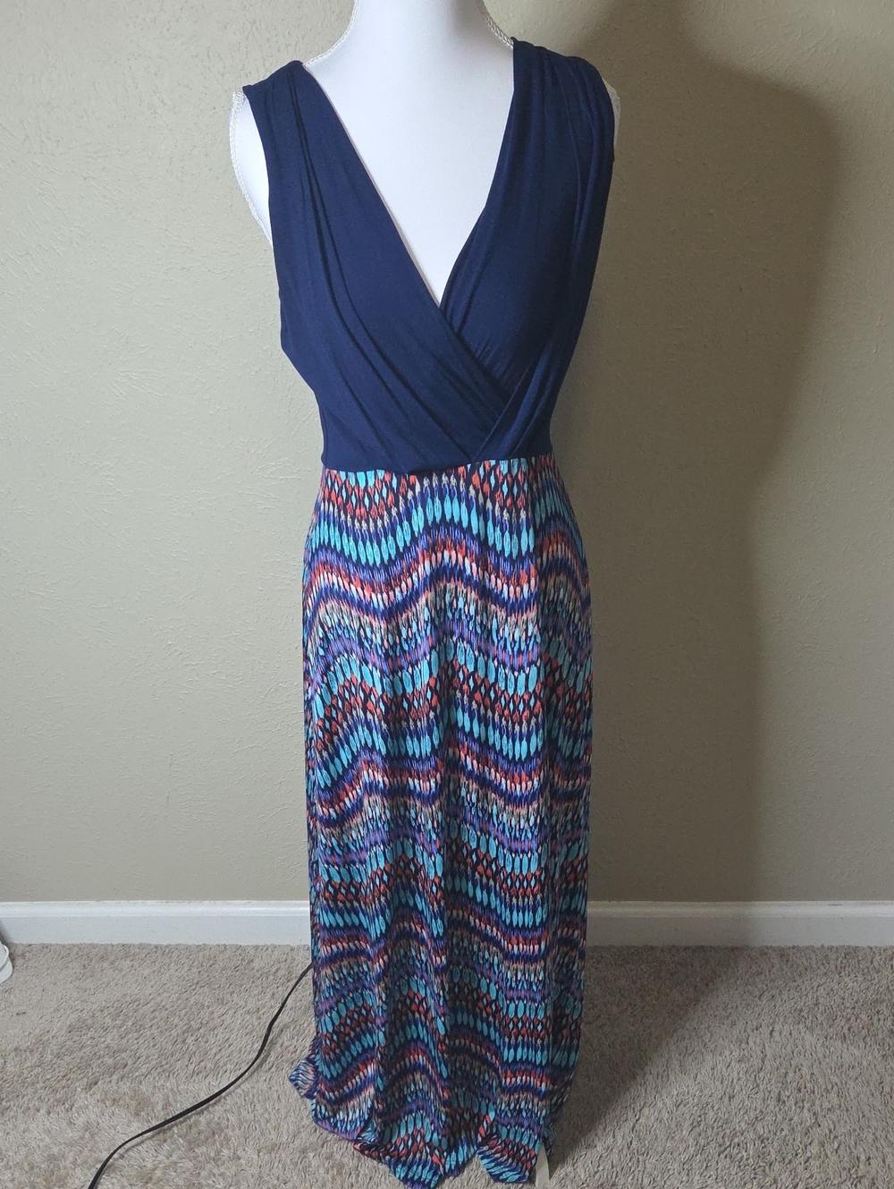 Gilli Navy Surplice Maxi Dress with Multicolor Chevron Skirt, Medium